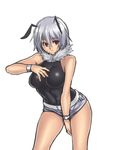  antennae bee_girl bracelet breasts fur_trim highres houtengeki insect_girl jewelry large_breasts monster_girl original personification red_eyes short_hair shorts silver_hair simple_background sleeveless solo wrist_cuffs 