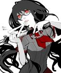  ayako_(sizukani) bandages black_hair blood-c chain drawr glasses katana kisaragi_saya mouth_hold necktie red_eyes school_uniform solo sword weapon 