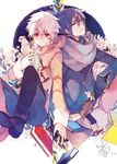  bandaid blue_hair book flower gloves holding_hands jacket minatsume mouse multiple_boys nezumi_(no.6) no.6 red_eyes scarf shion_(no.6) sitting smile white_hair 