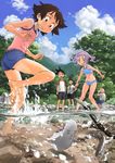  3boys alsuhail_al_lami barefoot bikini black_eyes black_hair brown_hair character_request feet garakuta_street green_eyes highres midriff multiple_boys multiple_girls navel purple_hair river shorts splashing swimsuit underwater water zerry_fujio 