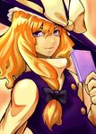  blonde_hair bow buttons cellphone face hair_bow hat kirisame_marisa kosuke_(gonzo_2010) lips long_hair marker_(medium) mixed_media orange_hair phone purple_eyes smile solo touhou traditional_media upper_body witch_hat 