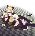  1girl all_fours animal_ears bad_id bad_pixiv_id blonde_hair blue_eyes brother_and_sister cat_ears cat_tail fang fish girl_on_top hair_ornament hairclip highres kagamine_len kagamine_rin kaisaki kemonomimi_mode lying mouth_hold on_back one_eye_closed short_hair shorts siblings smile tail twins vocaloid 