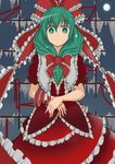  bad_id bad_pixiv_id bow breasts broken_glass dress frills front_ponytail frown full_moon glass green_eyes green_hair hair_bow hair_ribbon highres kagiyama_hina medium_breasts moon ribbon solo sumibi touhou window 