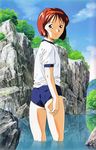  day gym_uniform hairband highres kayama_tamami looking_back outdoors red_hair red_hairband short_hair solo super_real_mahjong tanaka_ryou wading water 