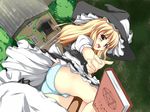  ass blonde_hair blue_panties blush book broom broom_riding brown_eyes cameltoe flying hat highres hoshizuki_(seigetsu) house kirisame_marisa open_mouth outstretched_hand overgrown panties plant sack solo touhou tree underwear upskirt vines witch witch_hat yellow_eyes 