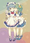  alternate_costume apron bad_id bad_pixiv_id blue_eyes blue_hair bow cheek_kiss child cirno closed_eyes daiyousei enmaided gloves green_hair hair_bow kiss maid maid_headdress maki_(natoriumu) mary_janes multiple_girls no_socks one_eye_closed platform_footwear ribbon shoes short_hair side_ponytail smile socks star touhou white_gloves white_legwear wings 