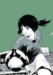  2011_fifa_women's_world_cup adidas bad_id bad_pixiv_id ball bangs brand_name_imitation clothes_writing green_background greyscale hosoo japanese_flag logo monochrome motion_blur motion_lines number open_mouth playing_sports real_life sawa_homare short_hair short_sleeves short_twintails shorts simple_background soccer soccer_ball soccer_uniform solo sport sportswear standing sweat twintails white_skin world_cup 