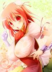  bandages between_breasts blush breasts bun_cover chain cuffs double_bun flower ibaraki_kasen kurikara large_breasts nipples open_mouth plant red_eyes red_flower red_hair red_rose rose see-through shackles shirt short_hair skirt solo touhou vines 