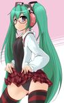  aqua_hair bespectacled glasses hatsune_miku headphones kocchi_muite_baby_(vocaloid) long_hair momio natural_(module) panties plaid project_diva_(series) project_diva_2nd purple_eyes skirt skirt_lift solo striped striped_legwear thighhighs twintails underwear vocaloid 