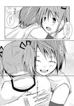  bandaid cape comic greyscale hair_ribbon hug hzk kaname_madoka magical_girl mahou_shoujo_madoka_magica miki_sayaka monochrome multiple_girls open_mouth ribbon school_uniform short_hair short_twintails smile translation_request twintails 