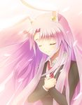  animal_ears blazer bunny_ears closed_eyes dress_shirt hands_on_own_chest jacket light long_hair necktie noukatu petals pink_hair purple_hair red_neckwear reisen_udongein_inaba shirt smile solo touhou upper_body very_long_hair 