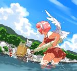  animal_ears bamboo basket bikini black_hair blonde_hair bow cloud day eel fujiwara_no_mokou hakurei_reimu kirisame_marisa mitsumoto_jouji multiple_girls mystia_lorelei pink_hair river short_hair silver_hair sky swimsuit touhou wading wings 