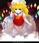  :o adjusting_hair ascot bad_id bad_pixiv_id blonde_hair bow fangs flandre_scarlet hat hat_bow letterboxed open_mouth pale_skin red_eyes sevten_(ashkeroth) short_hair short_sleeves side_ponytail slit_pupils solo touhou wings 