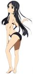  absurdres akiyama_mio arched_back ass back bare_legs barefoot bikini black_eyes black_hair face feet front-tie_top full_body highres horiguchi_yukiko k-on! legs long_hair looking_back official_art simple_background soles solo standing swimsuit toes white_background 