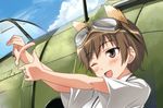  aircraft airplane animal_ears blush brown_eyes brown_hair goggles goggles_on_head hi-ho- japanese_clothes katou_keiko ki-43_hayabusa open_mouth short_hair solo world_witches_series 