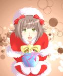  amami_haruka bad_id bad_pixiv_id brown_hair christmas from_above gift green_eyes hair_ribbon highres holding holding_gift ice2002 idolmaster idolmaster_(classic) looking_up mittens open_mouth ribbon santa_costume smile solo 