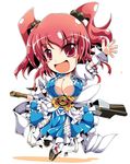  :d blush_stickers breasts chibi cleavage clog_sandals dress geta hair_bobbles hair_ornament ichirino_minagi large_breasts onozuka_komachi open_mouth platform_footwear red_eyes red_hair scythe short_hair smile solo touhou two_side_up waving 