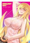  1girl ahoge bakemonogatari bare_shoulders black_hair blonde_hair breasts covered_nipples cunnilingus hetero huge_breasts implied_cunnilingus kiss-shot_acerola-orion_heart-under-blade large_breasts lips long_hair monogatari_(series) oral slit_pupils solo_focus tongue very_long_hair yellow_eyes zhen_lu 