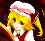  2011 blonde_hair bow flandre_scarlet hat hat_bow light_smile red_eyes saberiii short_hair side_ponytail signature solo touhou wings 