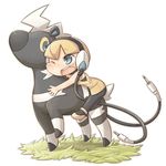  blitzle blonde_hair chibi faux_figurine gen_5_pokemon gunjima_souichirou horse horseback_riding kamitsure_(pokemon) one_eye_closed pantyhose pokemon pokemon_(creature) pokemon_(game) pokemon_bw riding 