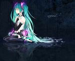  absurdres aqua_hair bad_id bad_pixiv_id barefoot bridal_gauntlets closed_eyes elbow_gloves gloves hatsune_miku hatsune_miku_(append) highres japu_(pu_san_love) long_hair navel necktie reflection sitting solo thighhighs twintails very_long_hair vocaloid vocaloid_append 
