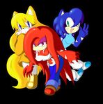  black_background blonde_hair blue blue_eyes blush breasts canine clothed clothing crossgender cute echidna female fox fur green_eyes hair hedgehog knuckles_the_echidna long_hair looking_at_viewer mammal markings miles_prower pants plain_background purple_eyes red red_body red_eyes sega shirt shoes sonic_(series) sonic_the_hedgehog tail unknown_artist yellow yellow_fur 