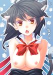  animal_ears bad_id bad_pixiv_id bare_shoulders bow breasts cat_ears cat_tail extra_ears fang houjuu_nue kemonomimi_mode large_breasts looking_at_viewer nipples ogino_(oginogino) open_mouth pointy_ears red_eyes short_hair simple_background solo tail touhou undressing upper_body wings 