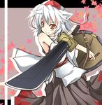  animal_ears detached_sleeves fang fangs hat inubashiri_momiji kusano_(torisukerabasu) leaf leaf_background orange_eyes shield skirt smile solo sword tokin_hat touhou weapon white_hair wolf_ears 