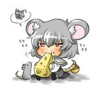  animal_ears bad_id bad_pixiv_id basket blush capelet cheese chibi dress eating food food_on_face grey_dress grey_hair mouse mouse_ears mouse_tail nazrin rebecca_(keinelove) red_eyes short_hair simple_background sitting solo squiggle tail touhou 