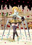  beret blonde_hair blush boots breasts brown_legwear cake charlotte_(madoka_magica) corset detached_sleeves drill_hair field_of_blades fingerless_gloves food gloves gun hair_ornament hairpin hat hat_removed headwear_removed highres large_breasts looking_back macla magical_girl magical_musket mahou_shoujo_madoka_magica planted_weapon pleated_skirt puffy_sleeves ribbon rifle skirt smile sparkle striped striped_legwear sweets telekinesis thigh_gap thighhighs tomoe_mami twin_drills twintails vertical-striped_legwear vertical_stripes weapon witch's_labyrinth yellow_eyes zettai_ryouiki 