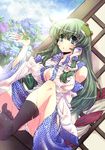  asai_ichiko breasts cleavage detached_sleeves feet frog green_eyes green_hair hair_ornament kochiya_sanae large_breasts long_hair nipples panties see-through shirt snake socks solo taut_clothes taut_shirt touhou underwear wet white_panties 