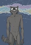 abstract_background black blue_background fur looking_at_viewer male mammal nude ozinec penis plain_background psychedelic raccoon solo tail 