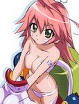  ahoge breasts cleavage dressing green_eyes haruyama_kazunori kemeko_deluxe medium_breasts mm_(kemeko_deluxe) pink_hair solo 