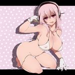  :p bikini breasts covered_nipples gloves headphones highres kneeling large_breasts long_hair matarou_(genkai_toppa) naughty_face nitroplus pink_eyes pink_hair solo super_sonico swimsuit tongue tongue_out wardrobe_malfunction white_gloves 