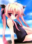  arm_support blonde_hair blush fate_testarossa long_hair lyrical_nanoha mahou_shoujo_lyrical_nanoha one-piece_swimsuit red_eyes ribbon school_swimsuit shaian sitting solo swimsuit twintails very_long_hair 