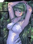  against_wall armpits arms_behind_head breasts covered_nipples dress green_eyes green_hair higurashi_no_naku_koro_ni long_hair medium_breasts solo sonozaki_shion wall zenkou 