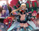  aquila_girl blonde_hair blue_eyes cosmic_break cyberstep front-tie_top green_eyes highres mecha_musume midriff mighty_byne_girl morizo_cs multiple_girls navel pink_hair ponytail purple_hair red_hair shorts skirt squidol_girl thighhighs toybox_girl twintails 