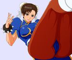  ass bracelet brown_eyes brown_hair bun_cover cameltoe china_dress chinese_clothes chun-li double_bun dress earrings jewelry legs_up makani_kohitujito pantyhose pelvic_curtain solo spiked_bracelet spikes street_fighter thick_thighs thighs 