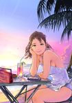  beach brown_eyes brown_hair carina_(xiaowoo) casual_one-piece_swimsuit cellphone chin_rest drink drinking_straw highres looking_at_viewer one-piece_swimsuit original palm_tree phone pov radio sitting smile solo swimsuit tree tropical_drink 