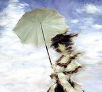  cloud day faux_traditional_media ikkaku nagae_iku parasol short_hair sky solo touhou umbrella wind 