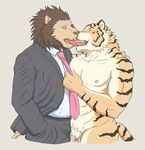  abstract_background anthro duo eyes_closed feline gay kissing lion male mammal mie_pref._guma muscles nipples nude penis plain_background pubes pubic_hair suit tiger tongue undressing unknown_artist white_background 