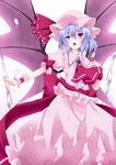  absurdres ascot bad_id bad_pixiv_id bat_wings blue_hair blush brooch chain dress fangs hat highres jewelry kurono_yuzuko open_mouth pink_dress red_eyes remilia_scarlet short_hair solo touhou wings wrist_cuffs 