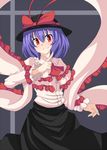  ascot bad_id bad_pixiv_id blue_hair bow frills hat hat_bow kikiriri nagae_iku red_eyes ribbon shawl skirt smile solo touhou 