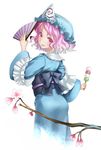  bow branch cherry_blossoms dango fan folding_fan food hat japanese_clothes looking_back mugishima obi pink_eyes pink_hair saigyouji_yuyuko sash short_hair simple_background solo touhou triangular_headpiece wagashi 