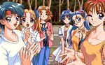  1995 1boy 4bpp 5girls 90s blonde_hair blue_hair discovery_software game_cg marin_rouge multiple_girls outdoors red_hair trap tree trees 
