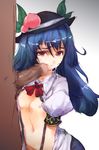  blue_hair censored cum cum_in_mouth flat_chest food fruit hat hinanawi_tenshi long_hair navel nipples open_clothes open_shirt peach penis red_eyes shirt sketch solo_focus tears touhou ukyo_rst 