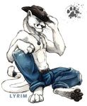  belt blotch blue_eyes bulge collar cougar feline hat jeans male mammal necklace plain_background sitting solo topless 