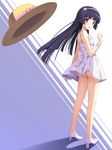  ass bare_legs bare_shoulders black_hair blush cygnus_(cygnus7) dress flower full_body gokou_ruri hairband hat hat_removed headwear_removed high_heels highres hime_cut legs long_hair looking_back mole mole_under_eye no_panties no_socks open_mouth ore_no_imouto_ga_konna_ni_kawaii_wake_ga_nai red_eyes revision ribbon rose shoes skirt solo standing sun_hat sundress white_flower white_rose 