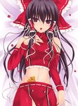  alternate_costume bare_shoulders black_hair bow breasts cherry detached_sleeves food fruit hair_bow hakurei_reimu halter_top halterneck hand_on_own_chest iroha_(unyun) long_hair lowres lying medium_breasts midriff mouth_hold nail_polish navel ofuda on_back red_eyes ribbon shirt sidelocks solo taut_clothes taut_shirt touhou 