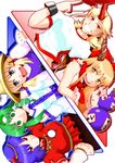  arami-taito blonde_hair blue_eyes cup frog frown gourd green_eyes green_hair hair_ornament hat highres horn horns hoshiguma_yuugi ibuki_suika kochiya_sanae long_hair moriya_suwako multiple_girls open_mouth orange_hair purple_hair red_eyes sakazuki short_hair smile snake touhou yasaka_kanako yellow_eyes 